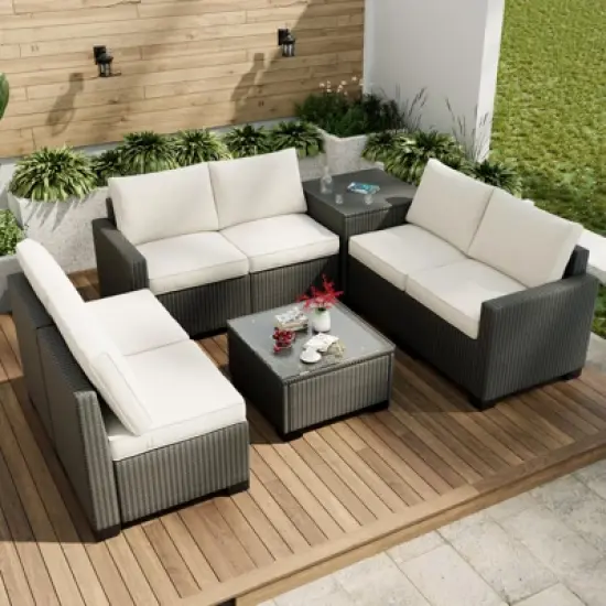 Garvee Outdoor Patio Furniture Set, 8 Piece Patio Rattan Sectional Couch Set,Wicker Patio Conversation Sets with with Storage Box & Glass Top Table image {7}