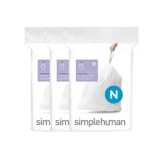 simplehuman 45-50L Code N Custom Fit Trash Bag Liners 3 Quick-Dispense Packs - 60ct: Tall Kitchen, Drawstring, White image {4}