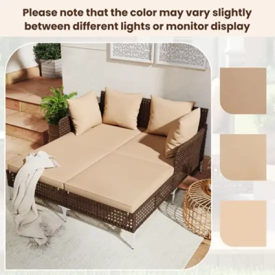 Tangkula Outdoor Rattan Double Daybed Wicker Chaise Lounge for 2 w/ Seat & Back Cushions image {9}