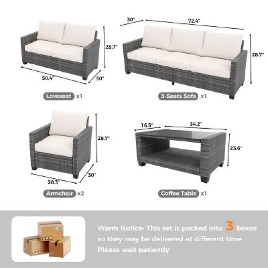 Garvee 5 Pieces Patio Furniture Sets All Weather Outdoor Sectional Patio Sofa, Wicker Rattan Patio Seating Sofas with Cushion and Glass Table, Gray image {1}