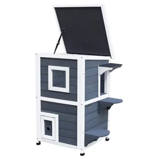PawHut Solid Wood 2-Floor Cat Condo Kitten Shelter with Window image {3}