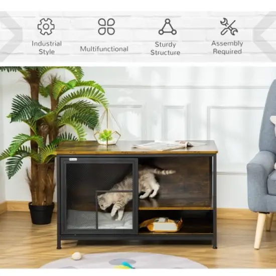 Gulches Cat Kennel, Furniture Style Dog Cage, Wood & Steel End Table Pet House with Cushion and Sliding Doors, Rustic Brown image {3}