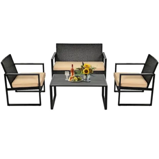 Costway 4PCS Patio Rattan Furniture Set Cushioned Sofa Coffee Table Garden Deck Brown image {9}