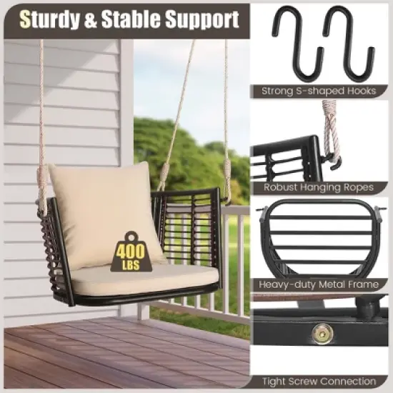 Costway Patio Hanging Rattan Basket Chair Swing Hammock Chair with Seat Cushion image {8}