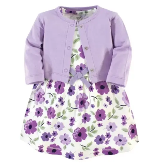 Touched by Nature Baby and Toddler Girl Organic Cotton Dress and Cardigan 2pc Set, Purple Garden image {4}