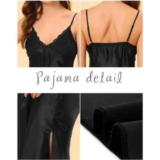 cheibear Womens Pajama Dress Spaghetti Strap Nightdress Cami Lounge Satin Nightgowns image {3}