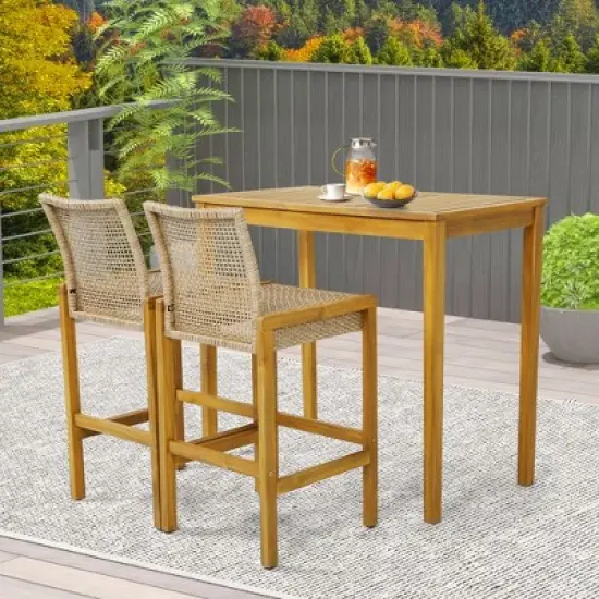 Costway Set of 2 Patio Wood Barstools Rattan Bar Height Chairs with Backrest Porch Balcony image {1}