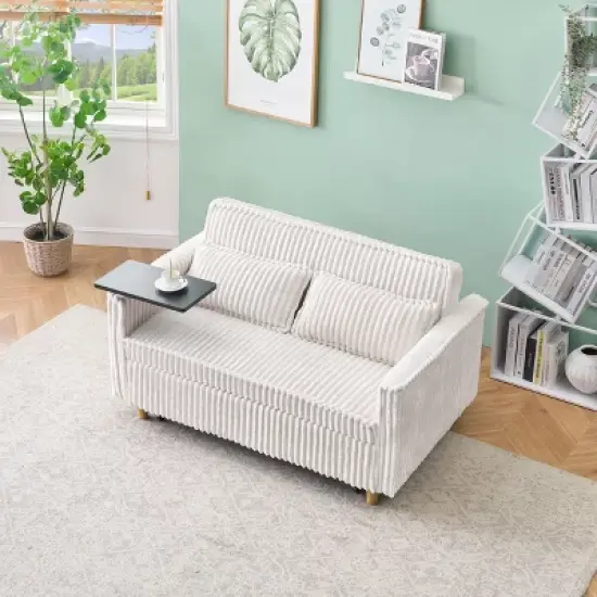 Dual-Function Pull-Out and Push-In Corduroy Sleeper Sofa Bed with Movable Table, 2 pillows and USB Ports, Couch for Small Apartments image {6}