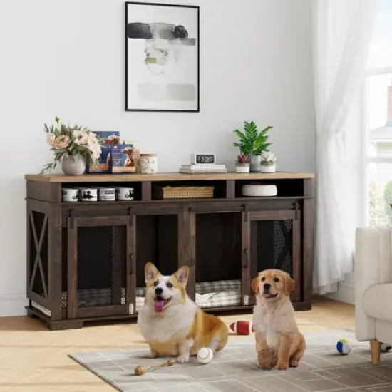 71" Dog Crate Furniture, Double Dog Crate Table, Double Dog Kennel Furniture With 3 Storages And Removable Divider For Large Medium Dogs image {6}