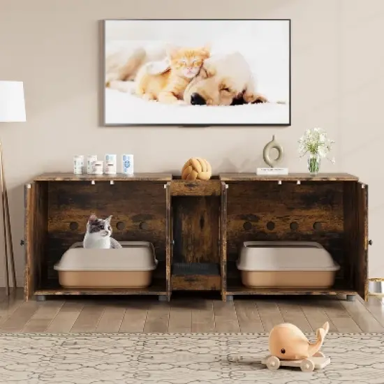 Cat Litter Box Enclosure 55.1" Double Litter Box Furniture Large Cat Box Enclosure Kitty Litter Box for 2 Cats Hidden Cat Litter Cabinet image {7}