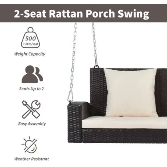 FIONECA 2-Person Wicker Hanging Porch Swing with Cushion & Pillow, Outdoor Rattan Swing Bench with Chains for Garden, Backyard, Pond (Brown/Beige) image {5}