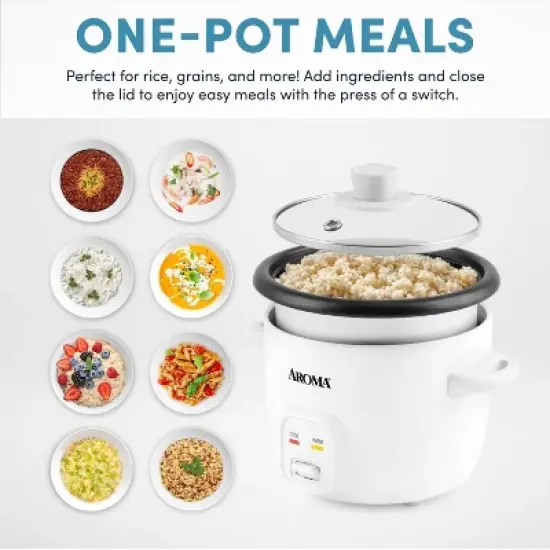 Aroma 4 Cup Pot Style Rice Cooker - White: Nonstick, Stay-Cool Handles, 1 Setting, 250W, Includes Glass Lid & Manual image {5}