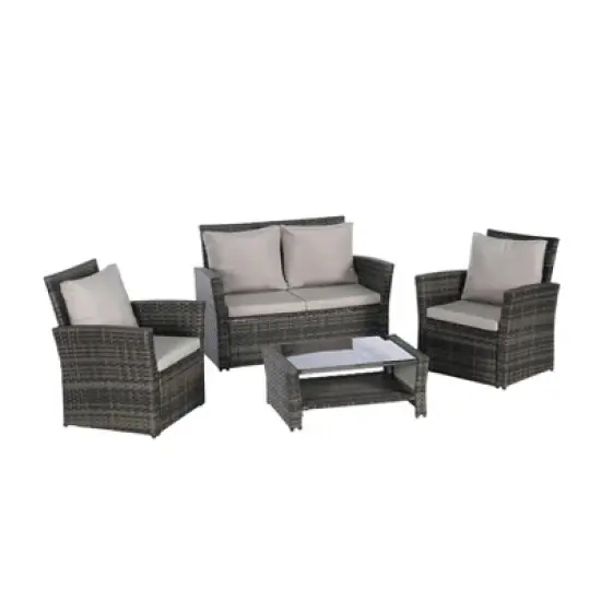 FIONECA 4-Piece Outdoor Patio Rattan Wicker Furniture Set with Tempered Glass Coffee Table, Garden, Poolside, Lawn Chairs image {6}