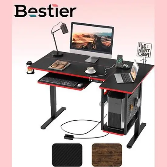 Bestier 57" Standing Computer Desk, Height Adjustable Desk with Keyboard Tray & Host Shelf for Home Office, L-Shaped Gaming Desk with Pegboard image {9}