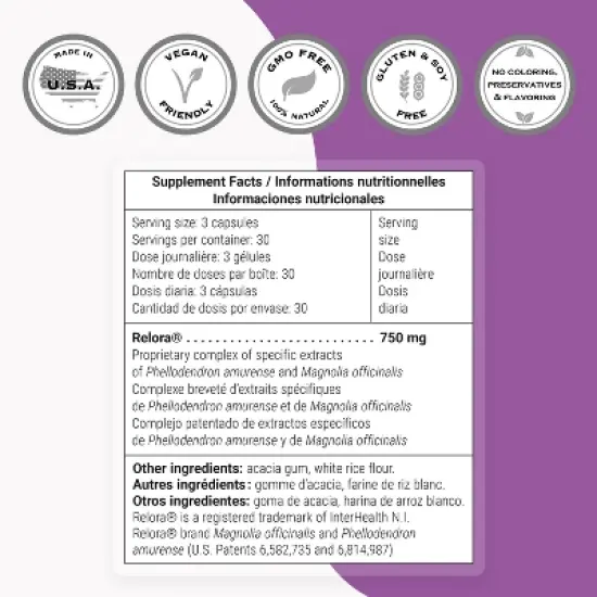 SuperSmart Relora 750mg per Day - Magnolia Officinalis & Phellodendron Amurense Extract Supplement | Non-GMO & Gluten Free - 90 Vegetarian Capsules image {3}