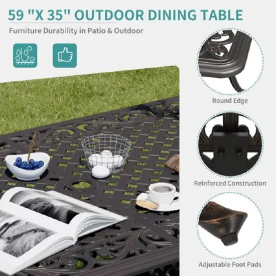 59'' Cast Aluminum Outdoor Dining Table Outdoor Patio Table for 6 Patio Dining Table with 2" Umbrella image {4}