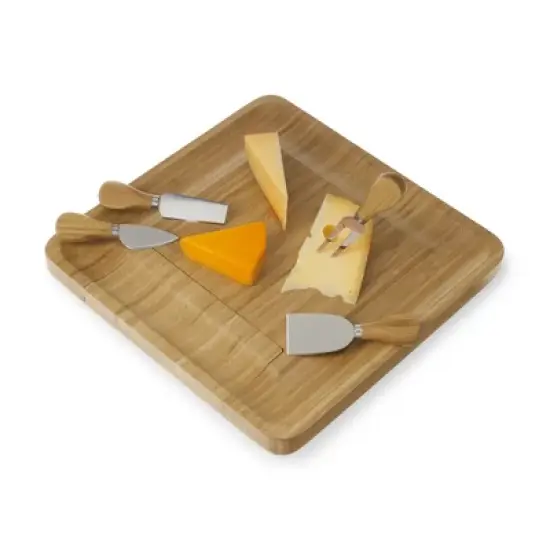 Twine Bamboo Cheese Board and Knife Set, Cheese Knife Set with Storage Drawer, Cheese Charcuterie, 13"x13"x1.4", Set of 4 image {5}