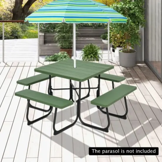Tangkula 8-person Square Picnic Table Bench Set Outdoor Picnic Table with 4 Benches & Umbrella Hole 500 LBS Capacity Black/Grey/White/Green image {1}