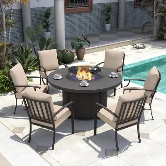 ALAULM 7 Piece Metal Outdoor Patio Furniture Set with 48" Round Fire Pit Table image {11}