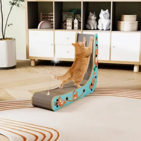 SEVOBAL L-Shape Cat Scratcher Lounge Corrugated Cardboard Scratching Pad for Indoor Cats Durable Cat Furniture with Feather Spring Toy Cartoon Design image {1}