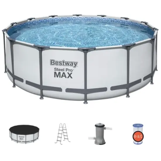 Bestway 7 Colored LED Waterfall Cascade Accessory Attachment & Steel Pro MAX 14' x 48" Round Outdoor Above Ground Swimming Pool Set with Pump image {2}
