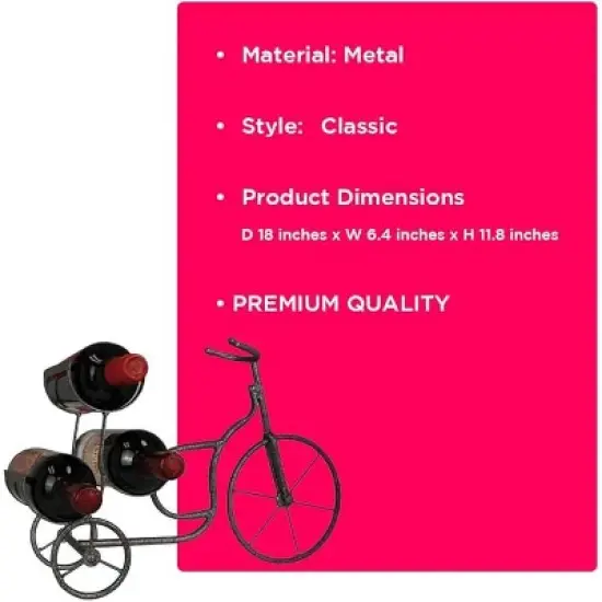 LIVEVIE Classic Vintage Bike Delivery Style Wine Rack Freestanding Wine Holder for 3 Bottles - Countertop Tabletop Wine Organizer image {6}