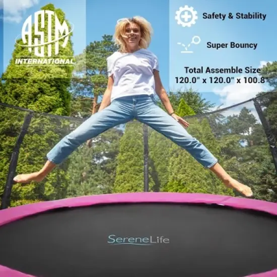 SereneLife 10ft Outdoor Trampoline with Enclosure Safety Net SLTRA10PNK image {2}