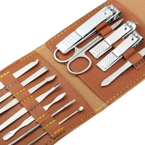 Unique Bargains PU Leather Stainless Steel Pedicure Manicure Set Silver Tone 12 Pcs image {3}