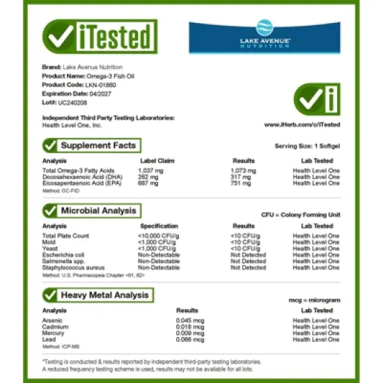 Lake Avenue Nutrition Omega-3 Fish Oil, 120 Fish Gelatin Softgels (1,250 mg per Softgel) image {3}