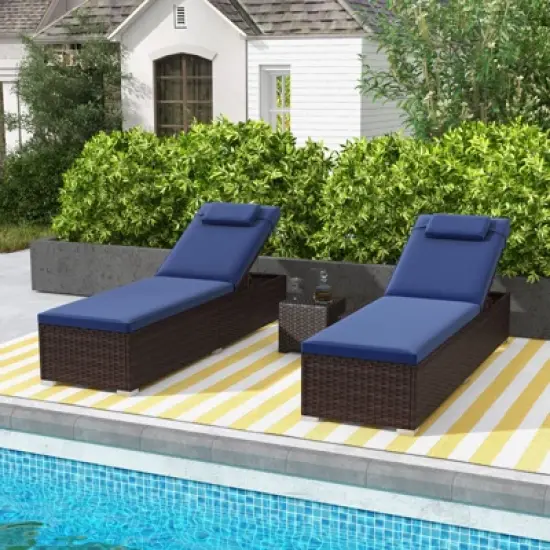 Costway 1/2 PCS Patio Chaise Lounge with 6-level Backrest Comfy Seat Cushion & Headrest Backyard Navy image {4}