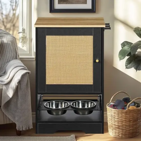 ORRD Elevated Dog Feeding Station w/ 2 Bowls, Storage Cabinet & Anti-Tip Design - Modern Pet Diner, Black image {2}