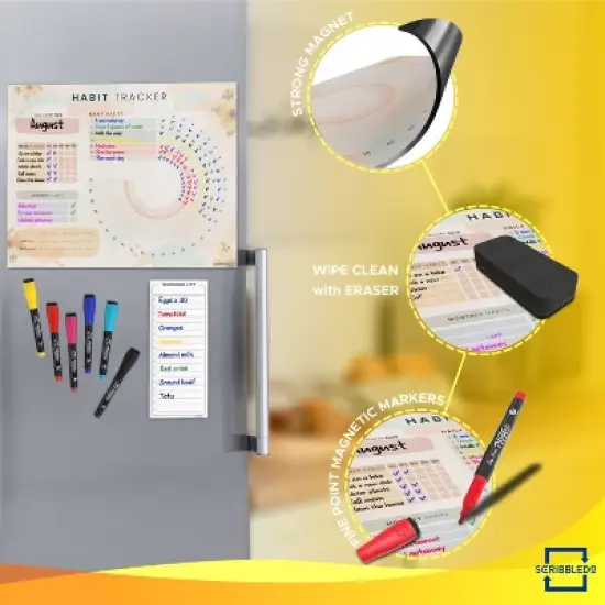 SCRIBBLEDO Magnetic Habit Tracker Calendar 13"x17" Fridge Dry Erase Board with 6 Markers image {6}