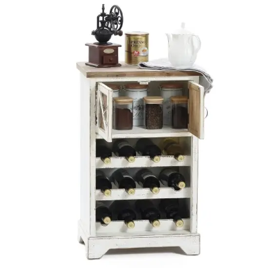 LuxenHome White and Natural Wood 2-Door Wine Cabinet image {7}