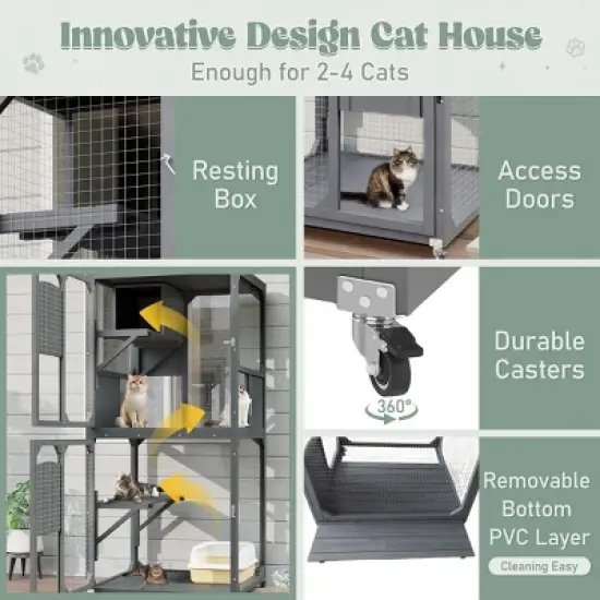 SEVOBAL Large Catio Outdoor Cat Enclosure Window Access 4 Tiers Cat Crate with Wheels Box Waterproof Indoor Pet House Cage, Gray, 31.5"*31.5"*71" image {4}