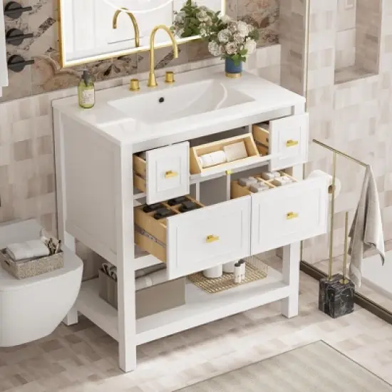 30" Modern Bathroom Vanity with Ceramic Sink, 5 Drawers & Solid Wood Frame, Freestanding Storage Cabinet with Gold Knobs - ModernLuxe image {1}