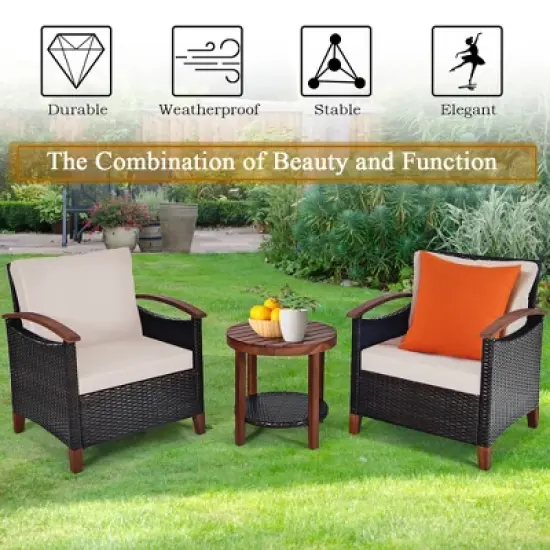 Costway 3PCS Patio Wicker Sofa Set Acacia Wood Frame with Beige &Turquoise Cushion Covers image {5}