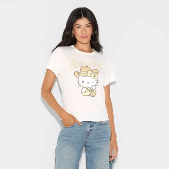 Women's Hello Kitty Howdy Short Sleeve Graphic Shrunken T-Shirt - White image {1}
