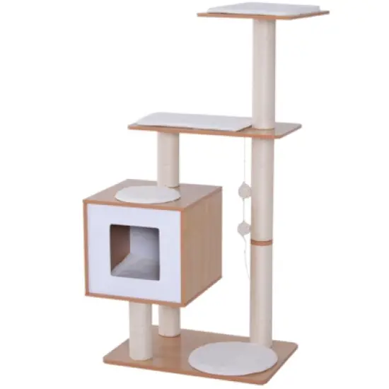 PawHut 47&rdquo; Modern Cat Tree Multi-Level Scratching Post With Cube Cave Enclosure - Oak Wood image {3}