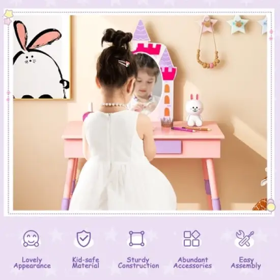Costway Kids Vanity Set Princess Makeup Pretend Play Dressing Mirror Castle Girls Pink image {8}