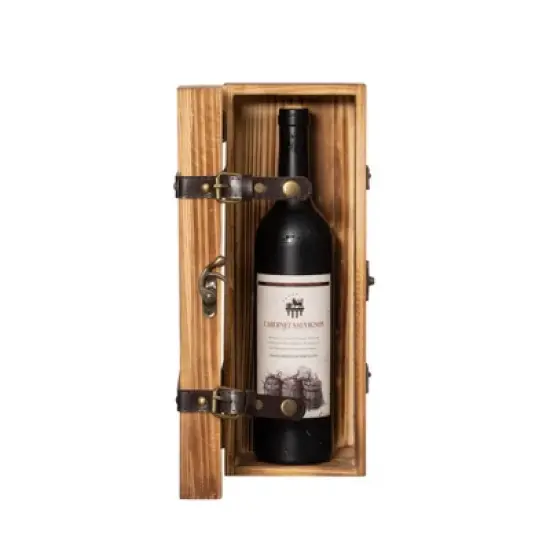 Vintiquewise Vintage Wooden Wine Gift Box &ndash; Rustic Single Bottle Holder with Locking Latch, Decorative Brass Accents, and Faux Leather Straps image {2}
