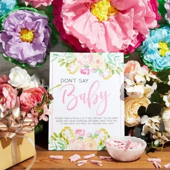 Sparkle and Bash Floral Baby Shower Clothespin Game For Girl, Don't Say Baby Theme with 60 Pink Clothes Pins and 8x10-Inch Sign image {1}