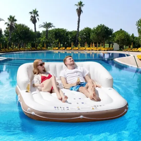 Costway Floating Island Inflatable Swimming Pool Float Lounge Raft with Canopy SPF50+ Retractable Detachable Sunshade with Two Cup Holders White image {2}