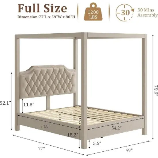 Upholstered Canopy Bed Frame with Headboard, Button Tufted, Nailhead Trim Design, No Box Spring Required image {1}