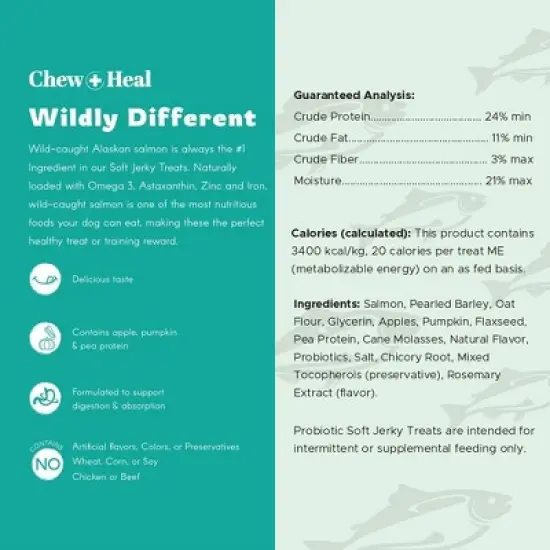 Chew + Heal Wild-Caught Alaskan Salmon Probiotic Soft Jerky Treats for Dogs, Natural Source of EPA & DHA, Promotes Intestinal Well-Being - 12oz image {8}