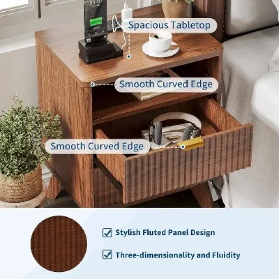 Modern Fluted Night Stand, Wood Nightstand with USB Ports and Outlets, 2 Drawers and Open Shelf, Bedside Table End Table.Walnut 2pc image {3}