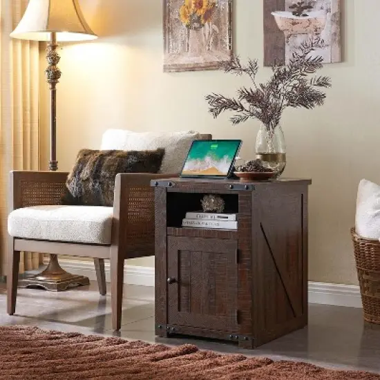 Nightstand with Charging Station, 20" Farmhouse End Table w/Groove Barn Door & Adjustable Shlef for Bedroom image {2}