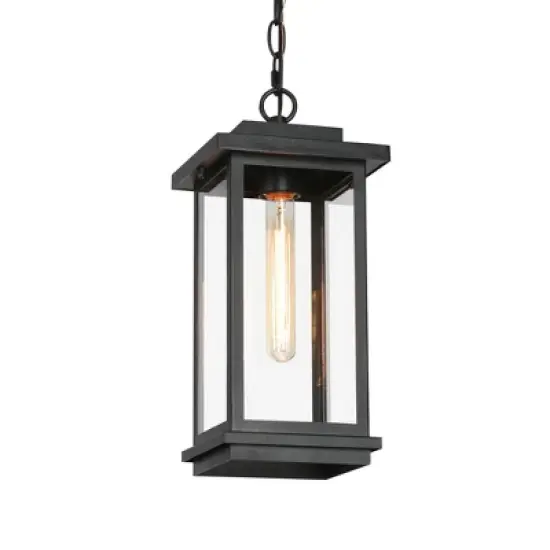 LNC 15" Square Cage Modern Outdoor Pendant Lamp Matte Black: Weather-Resistant, Glass Shade, E26 Socket, 60W image {10}