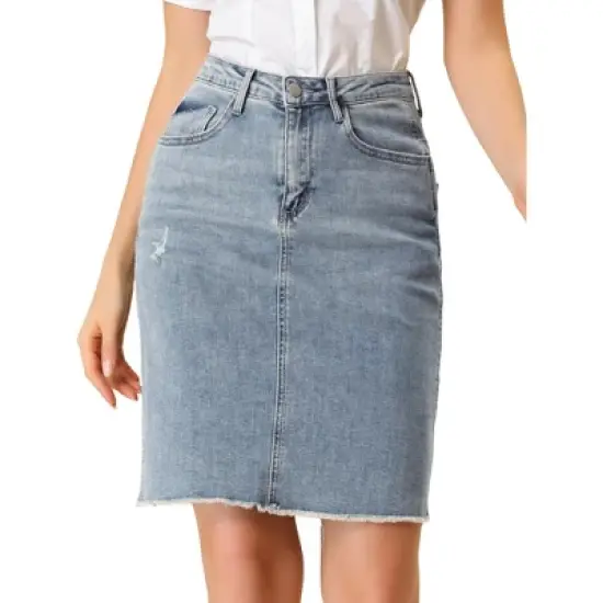 Allegra K Women's Basic Distressed High Waist Ripped Hem Washed Jeans Skirt image {6}
