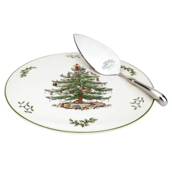 Portmeirion Spode Christmas Tree Cake Plate & Server Set - 11.5 Inch Fine Porcelain Cake Plate with Stainless Steel Server for Holiday Parties image {7}
