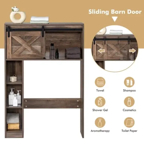 Costway Over the Toilet Bathroom Storage Cabinet with Sliding Barn Door Rustic Brown image {4}